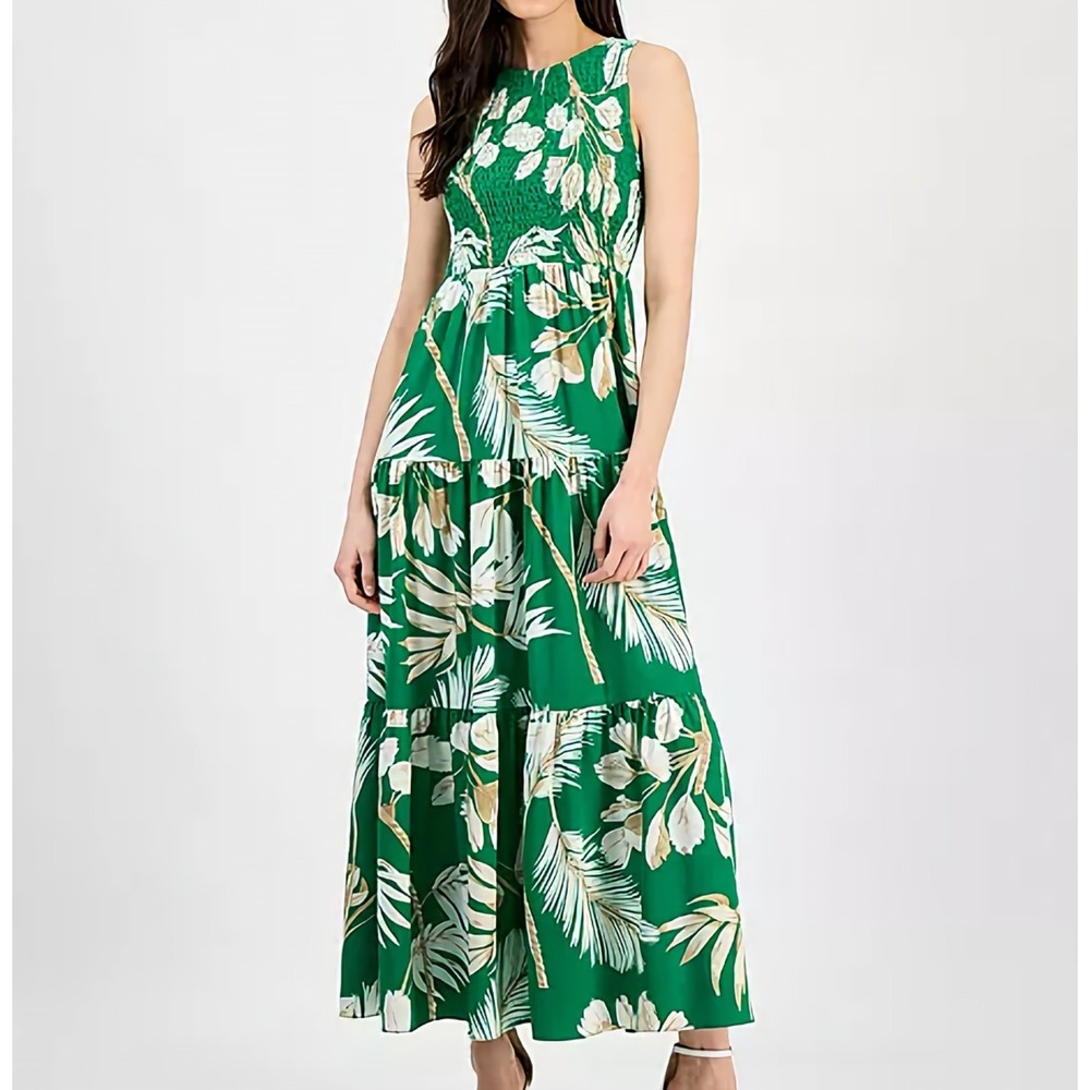 Anne‎ Klein Printed Smocked Bodice Tiered Tropical Green Dress Womens Size XXS